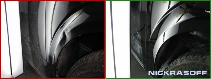 Повреждение, полученное после неудачной парковки на переднем правом крыле автомобиля Опель Астра (Opel Astra H)