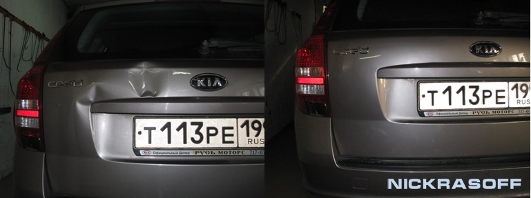 Ремонт вмятины на крашке багажника автомобиля Киа до и после