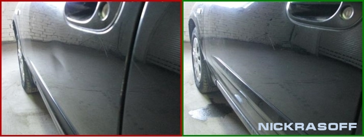Беспокрасочный ремонт кузова на водительской двери автомобиля Ниссан Альмера (Nissan Almera)