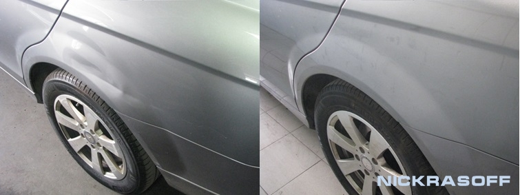 Пример ремонта вмятины после неудачной парковки на автомобиле Mercedes Benz
